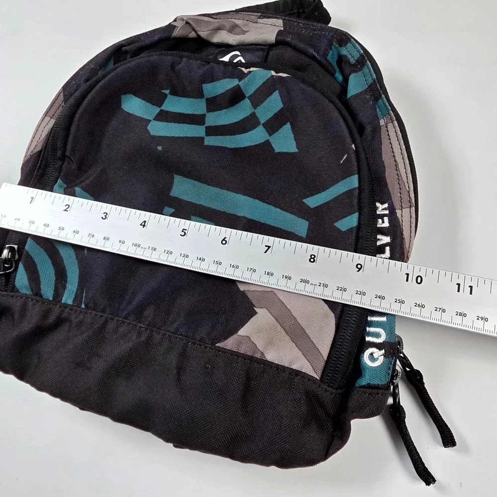 Quiksilver Mini Backpack Mens Womens Small Black Teal Abstract Print Skate Bag